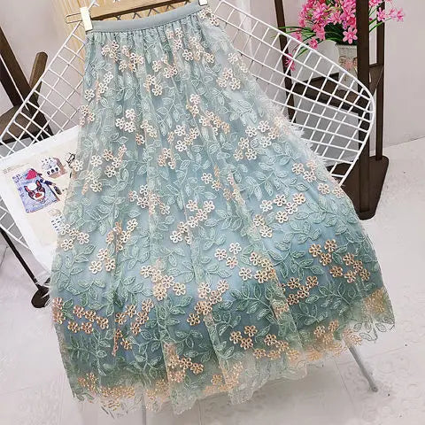 Vintage Embroidery Tulle Skirt Women Spring Flower Elastic High Waist lace Midi Skirt Korean Style Elegant A-line Mujer Falda