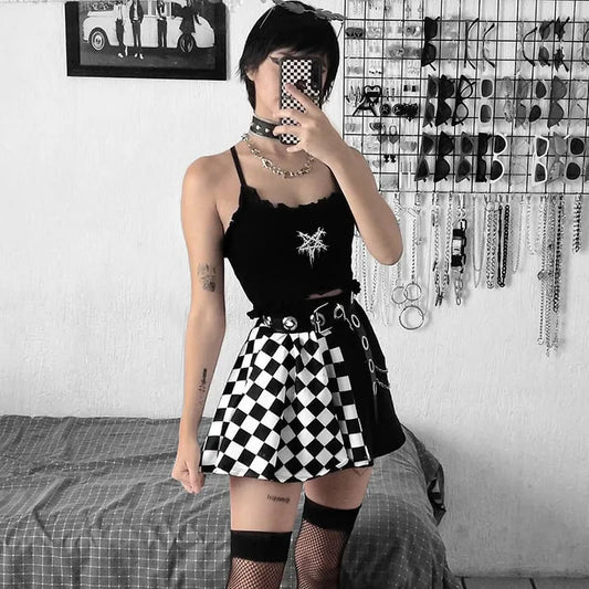 Women's Mini Skater Skirt Gothic Style Casual High Waist Checkerboard Print Color Block Flared Skirt Summer Dress Streetwear