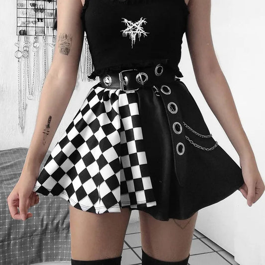 Women's Mini Skater Skirt Gothic Style Casual High Waist Checkerboard Print Color Block Flared Skirt Summer Dress Streetwear