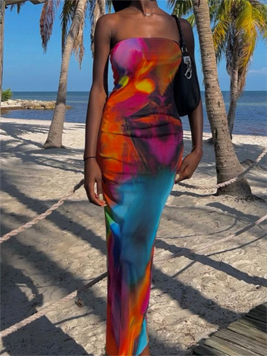 wsevypo Tie-dyed Strapless Bodycon Dress 2023 Summer Beach Party Club Outfit Sleeveless Off-Shoulder Bandeau Wrapped Long Dress